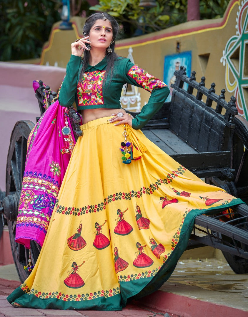 Navratri special green and yellow soft cotton chaniya choli for garba