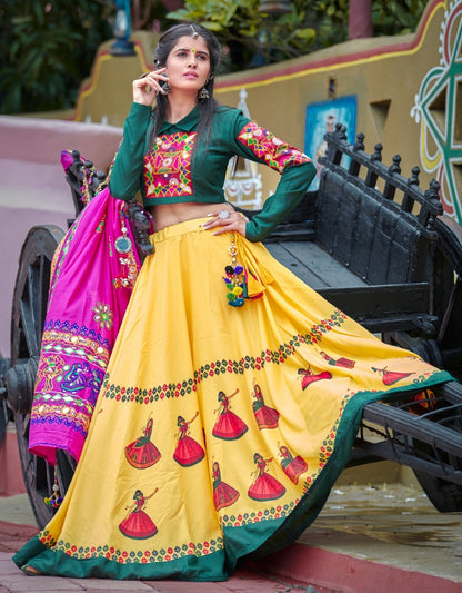 Navratri special green and yellow soft cotton chaniya choli for garba