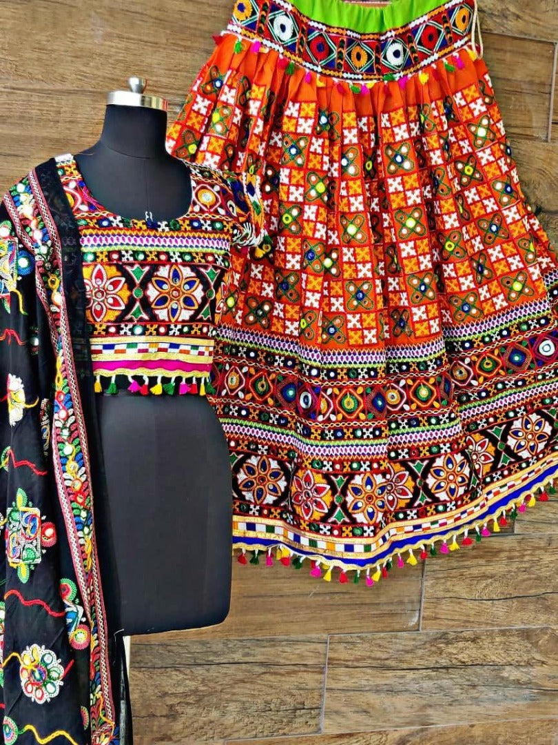 Navratri special heavy kachhi work orange chaniya choli for garba