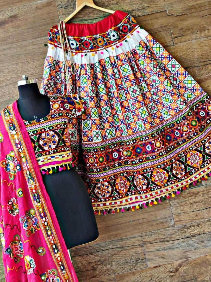 Navratri special heavy kachhi work white chaniya choli for garba