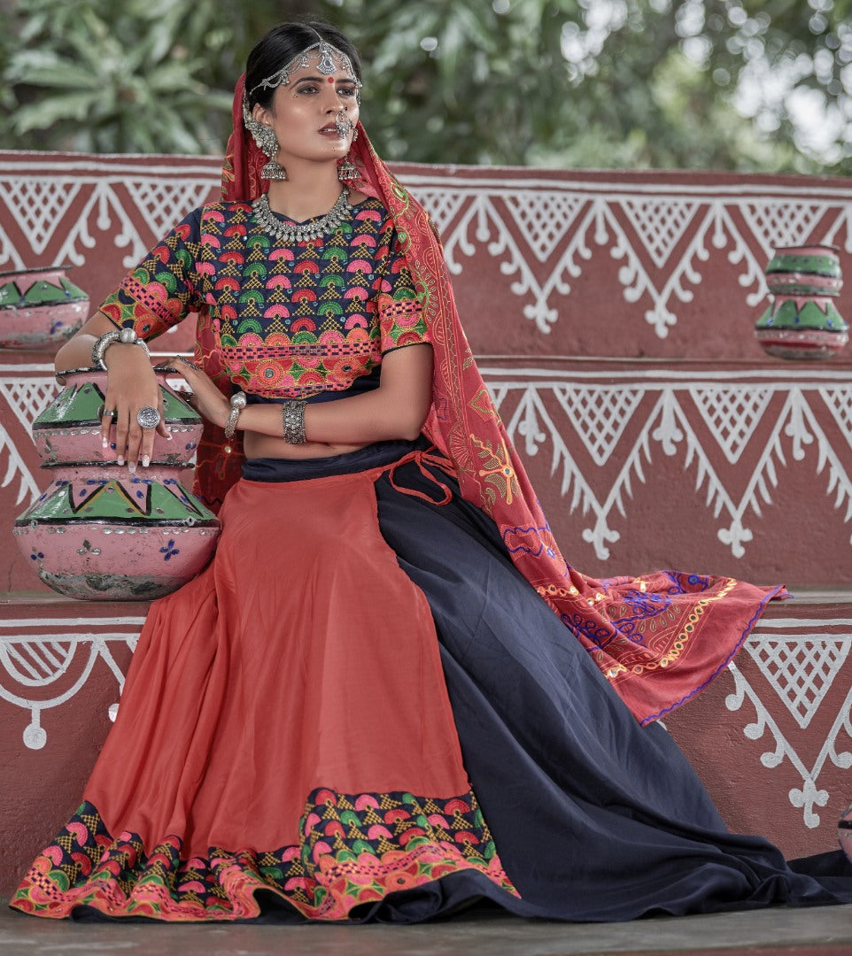 Navratri special navy blue and orange soft cotton chaniya choli for garba