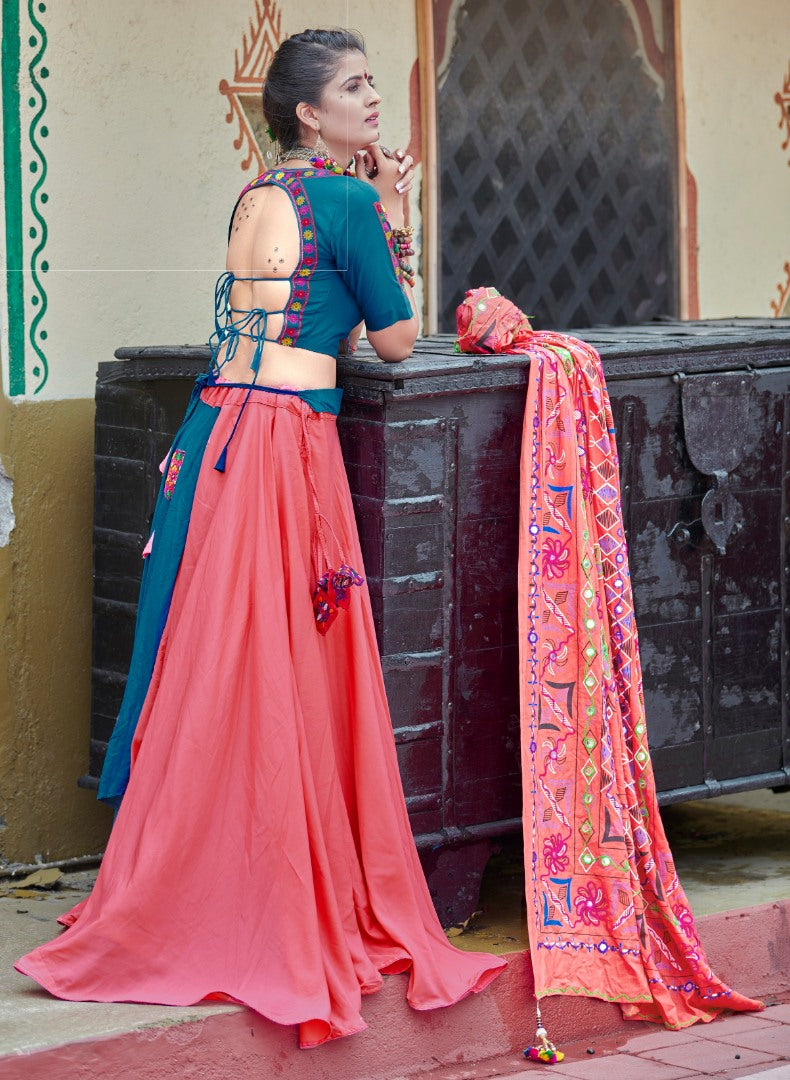 Navratri special teal blue and pink soft cotton chaniya choli for garba