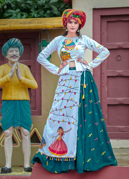 Navratri special white and green soft cotton multi worked chaniya choli for garba