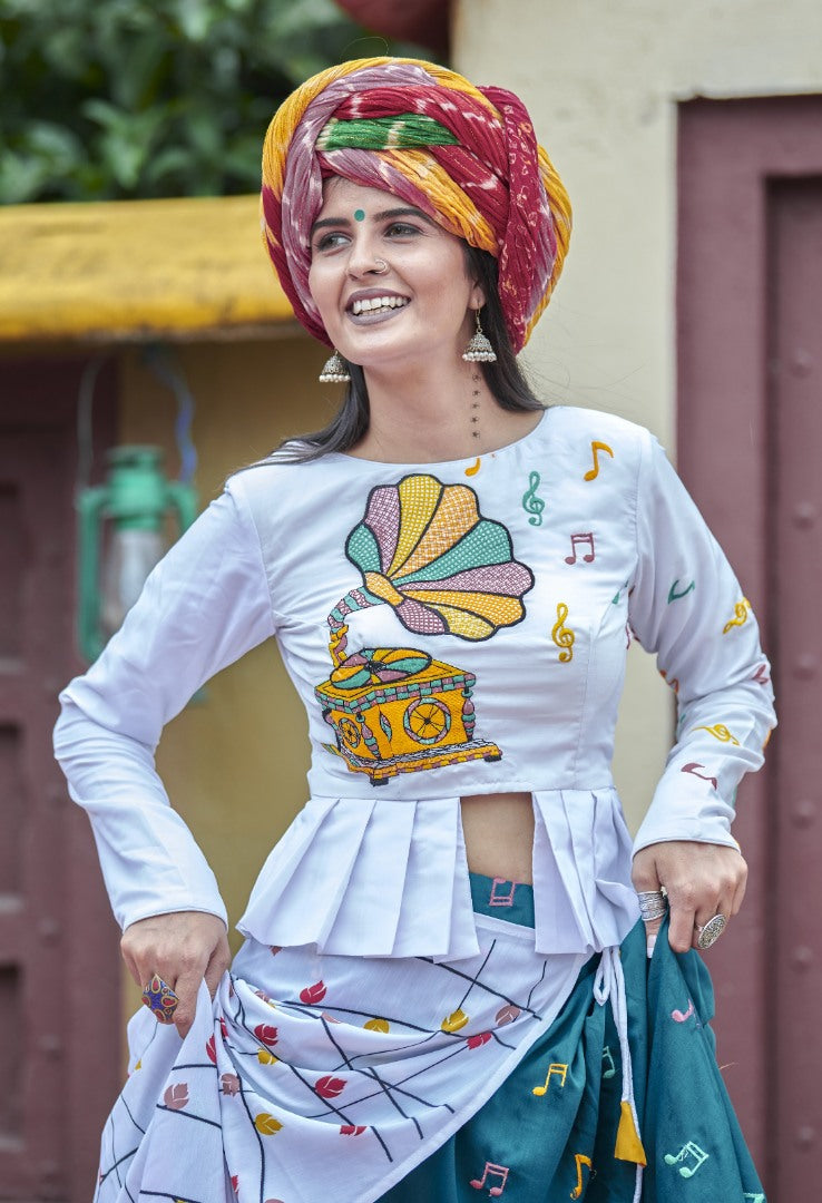 Navratri special white and green soft cotton multi worked chaniya choli for garba