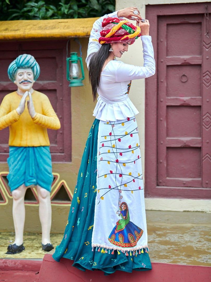 Navratri special white and green soft cotton multi worked chaniya choli for garba