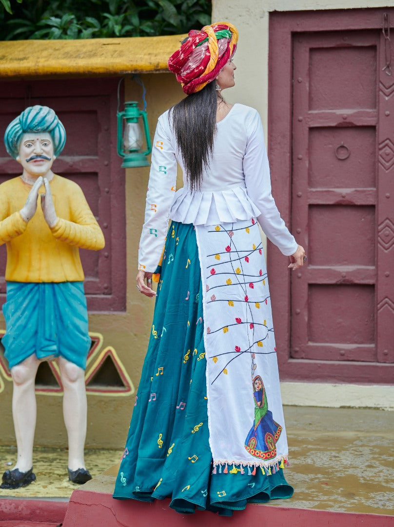 Navratri special white and green soft cotton multi worked chaniya choli for garba