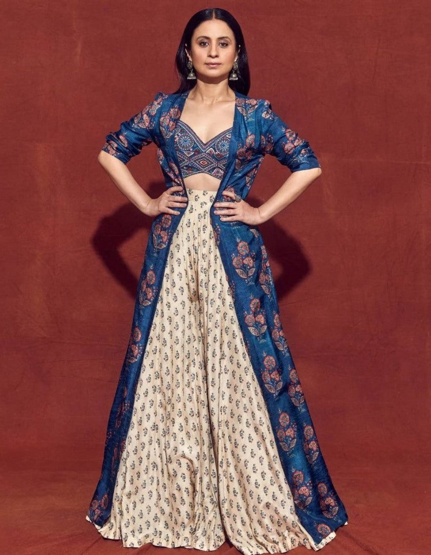 Navy blue and cream printed indowestern lehenga choli with shrug