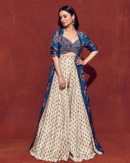 Navy blue and cream printed indowestern lehenga choli with shrug