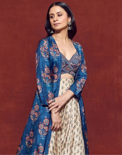 Navy blue and cream printed indowestern lehenga choli with shrug