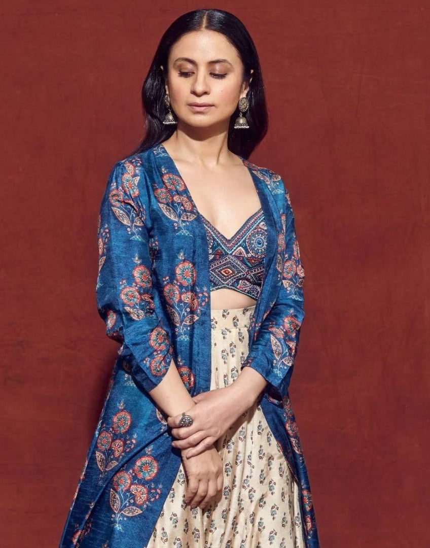 Navy blue and cream printed indowestern lehenga choli with shrug