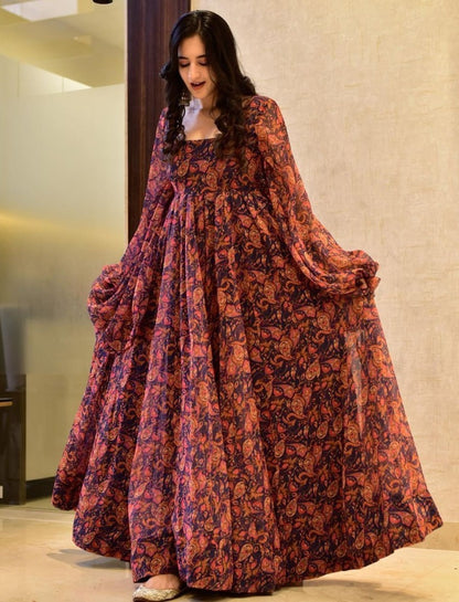 Navy blue and orange digital printed balloon sleeves gown