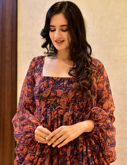 Navy blue and orange digital printed balloon sleeves gown