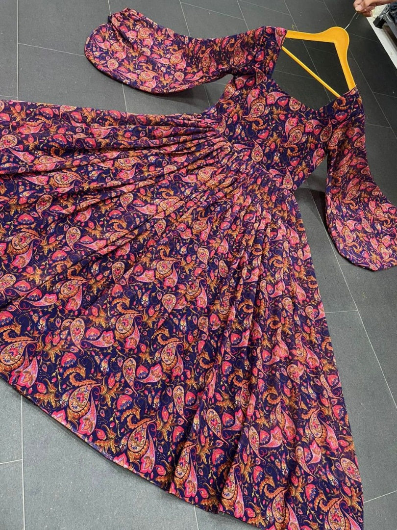 Navy blue and orange digital printed balloon sleeves gown