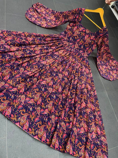 Navy blue and orange digital printed balloon sleeves gown