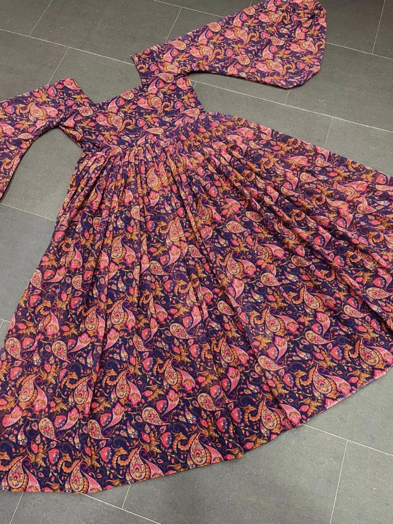 Navy blue and orange digital printed balloon sleeves gown