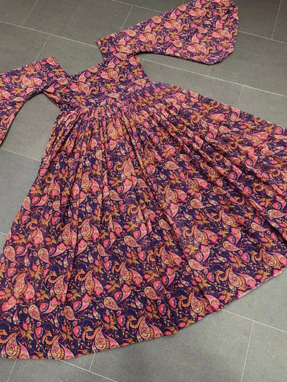 Navy blue and orange digital printed balloon sleeves gown