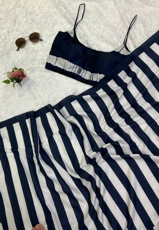 Navy blue and white stripe printed satin saree