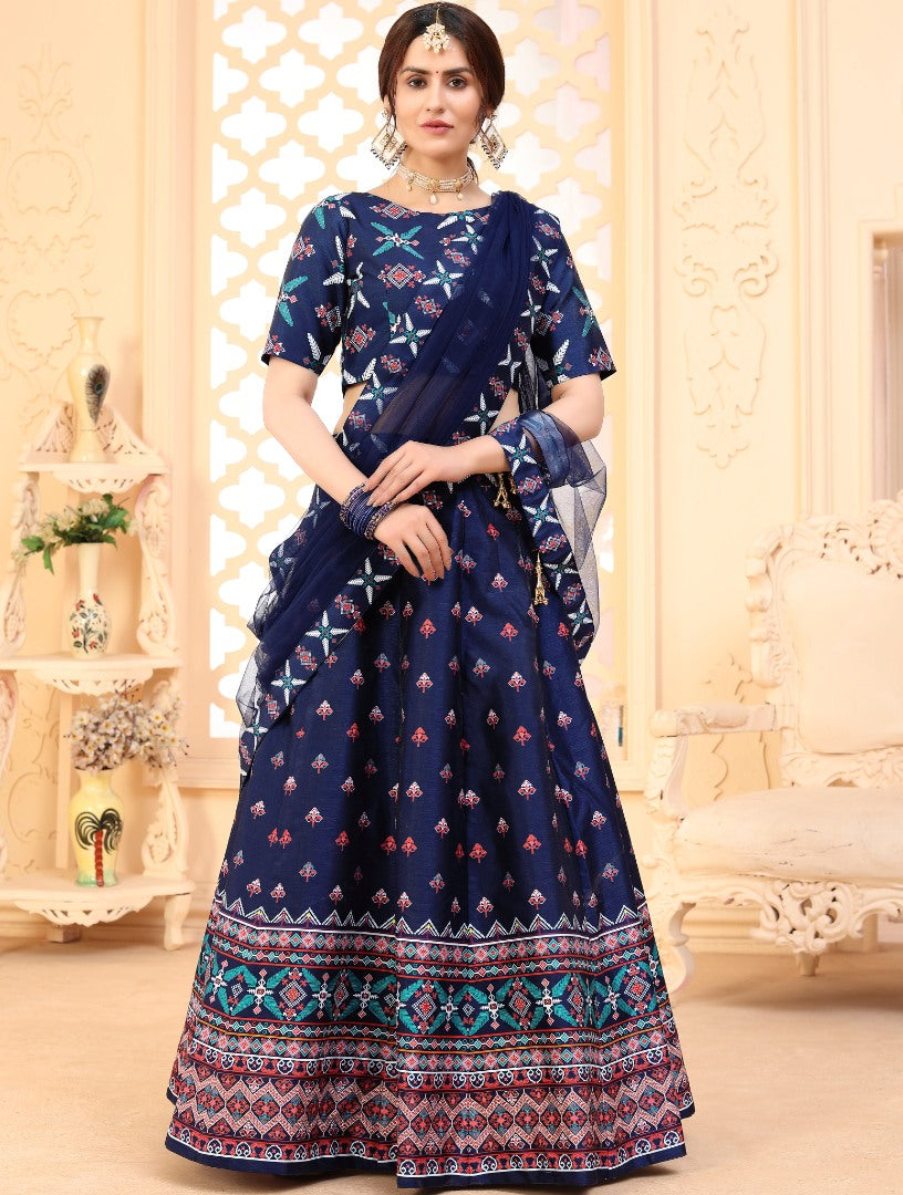 Navy blue art silk digital printed party wear & ceremonial lehenga choli