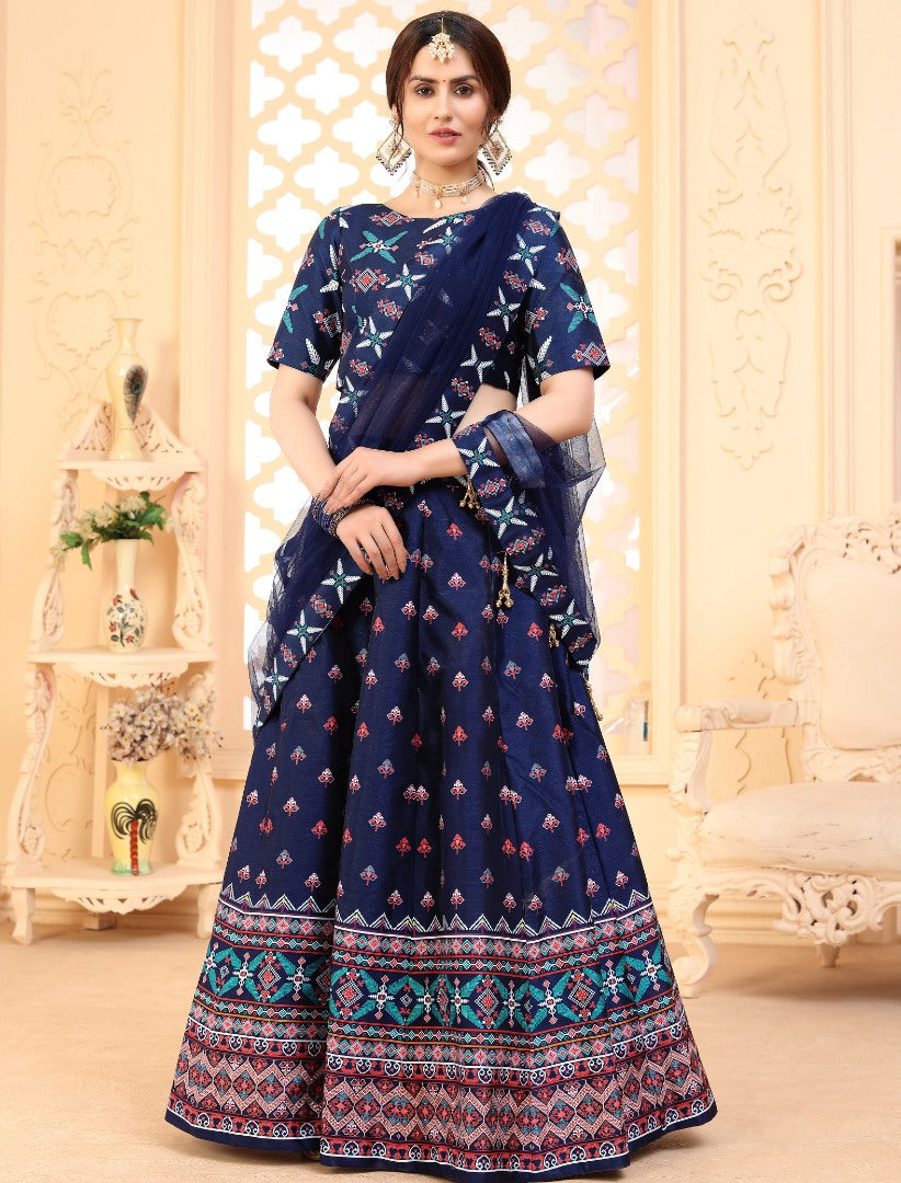 Navy blue art silk digital printed party wear & ceremonial lehenga choli