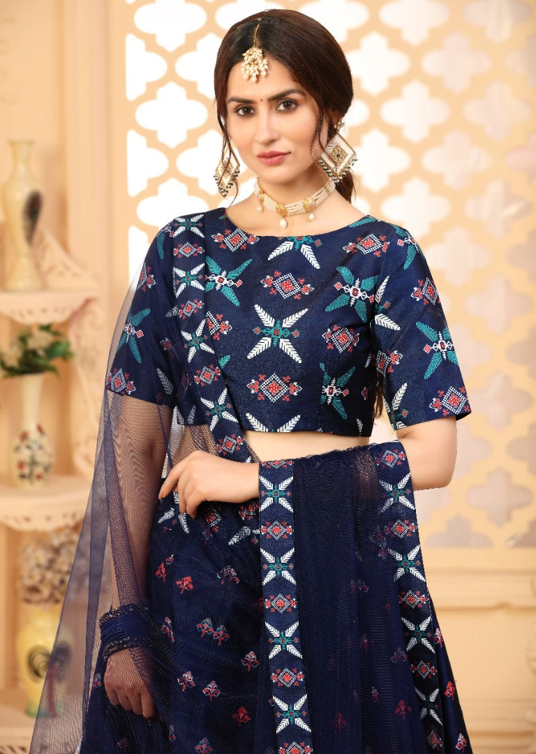 Navy blue art silk digital printed party wear & ceremonial lehenga choli