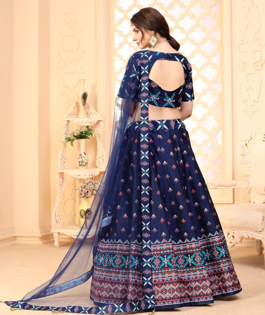 Navy blue art silk digital printed party wear & ceremonial lehenga choli
