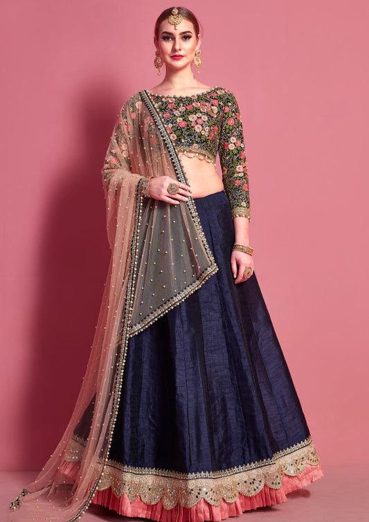 Navy blue art silk embroidered party wear lehenga choli