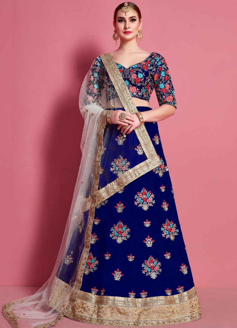 Navy blue art silk embroidered party wear lehenga choli