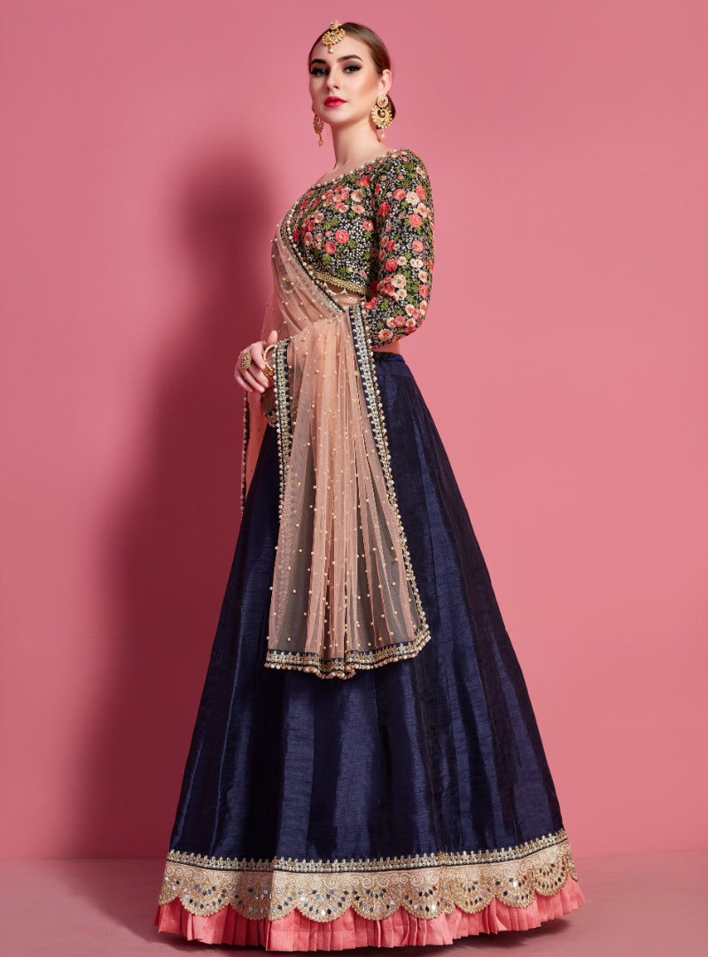 Navy blue art silk embroidered party wear lehenga choli