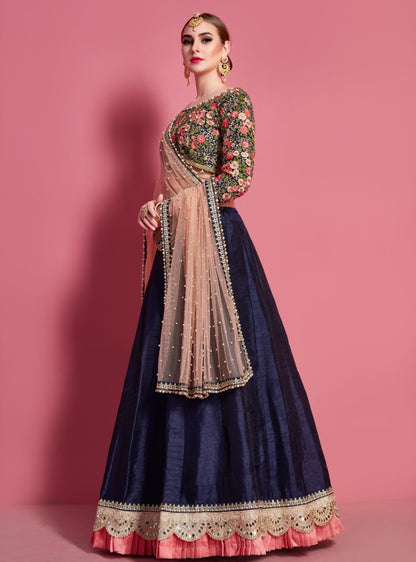 Navy blue art silk embroidered party wear lehenga choli