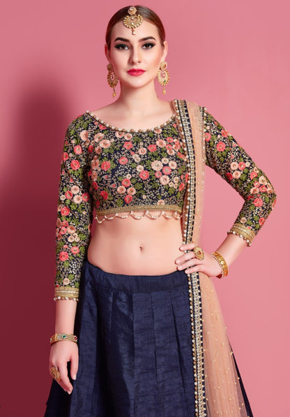 Navy blue art silk embroidered party wear lehenga choli