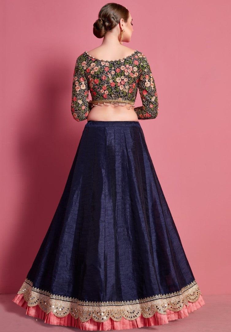 Navy blue art silk embroidered party wear lehenga choli