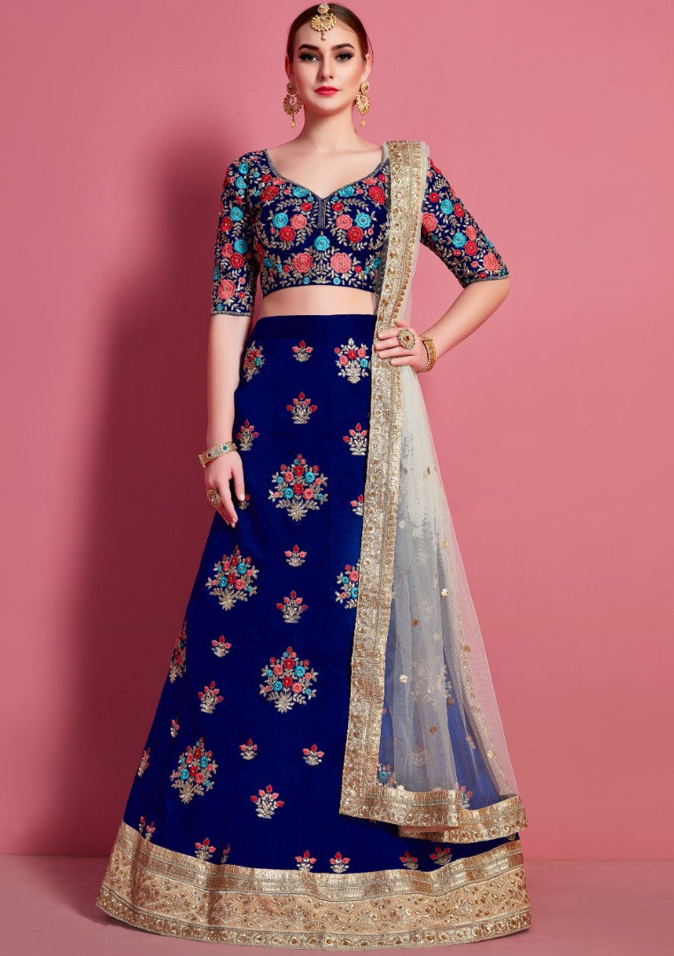 Navy blue art silk embroidered party wear lehenga choli