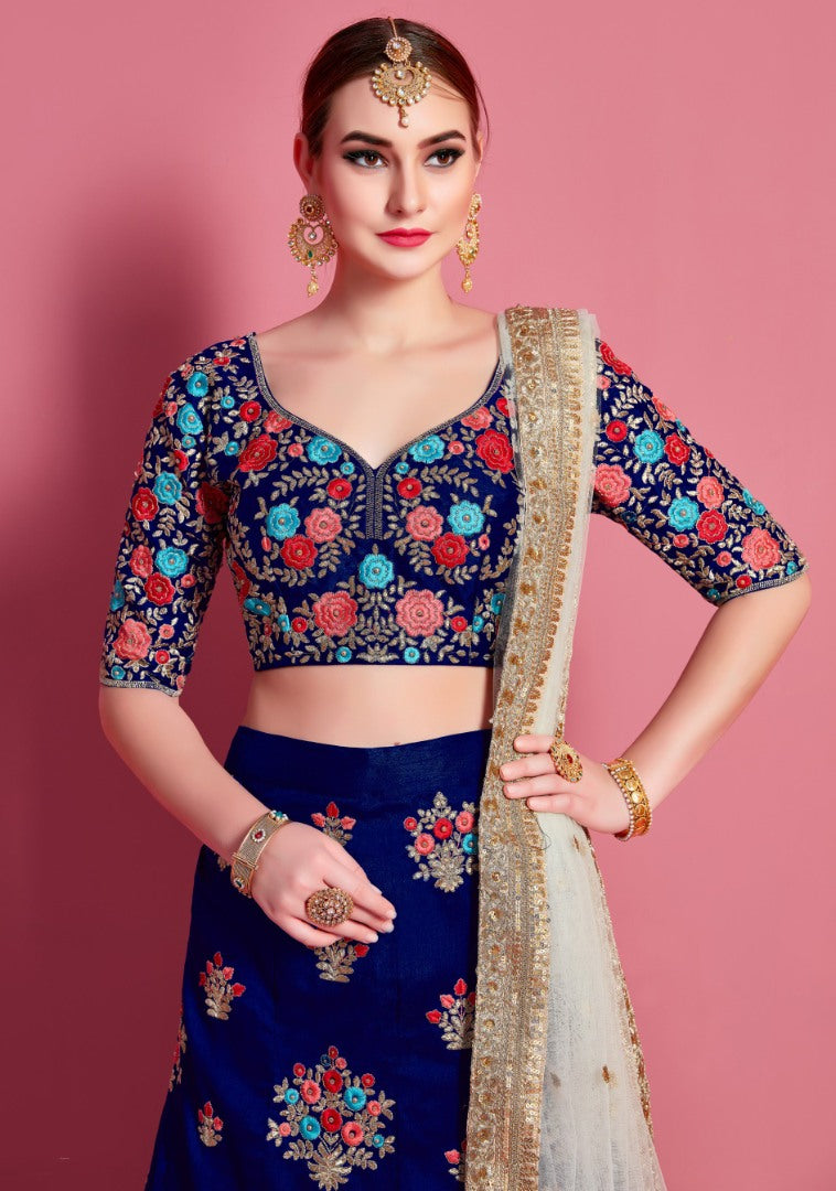 Navy blue art silk embroidered party wear lehenga choli
