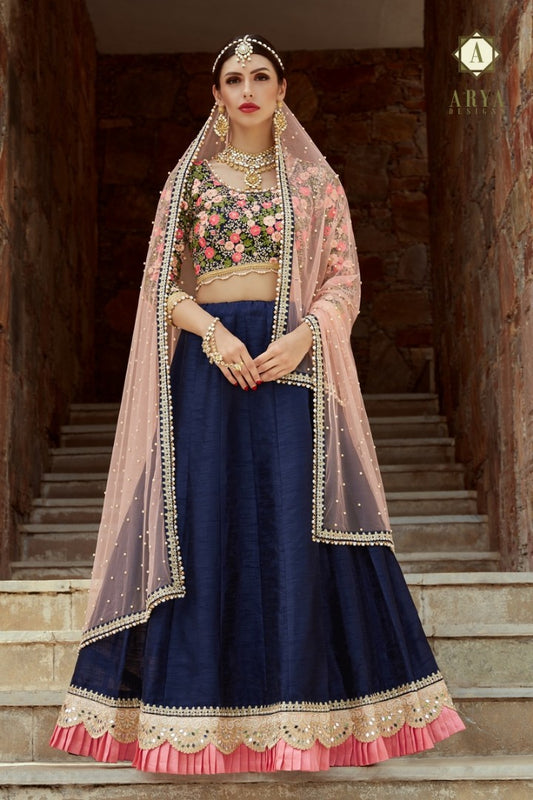 navy blue art silk embroidered wedding lehenga