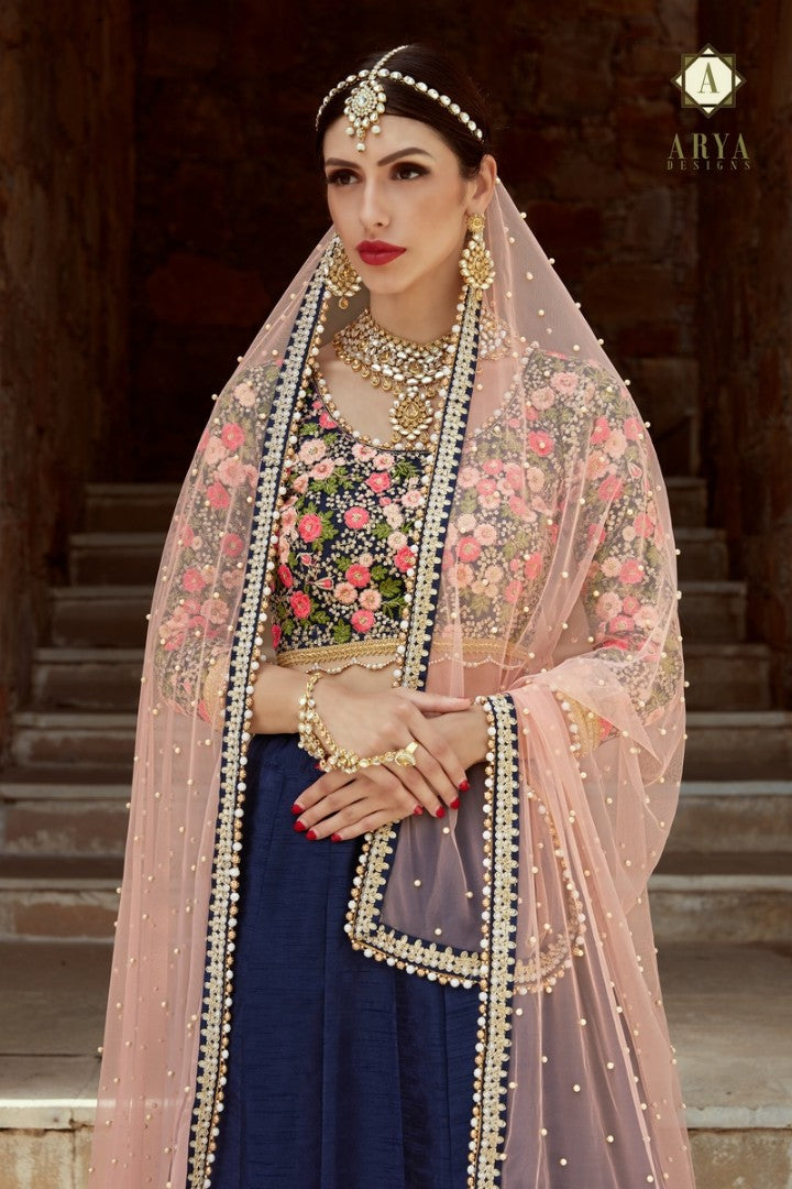 navy blue art silk embroidered wedding lehenga