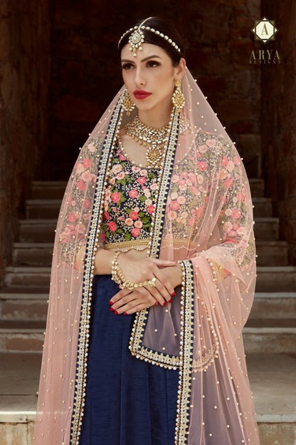 navy blue art silk embroidered wedding lehenga
