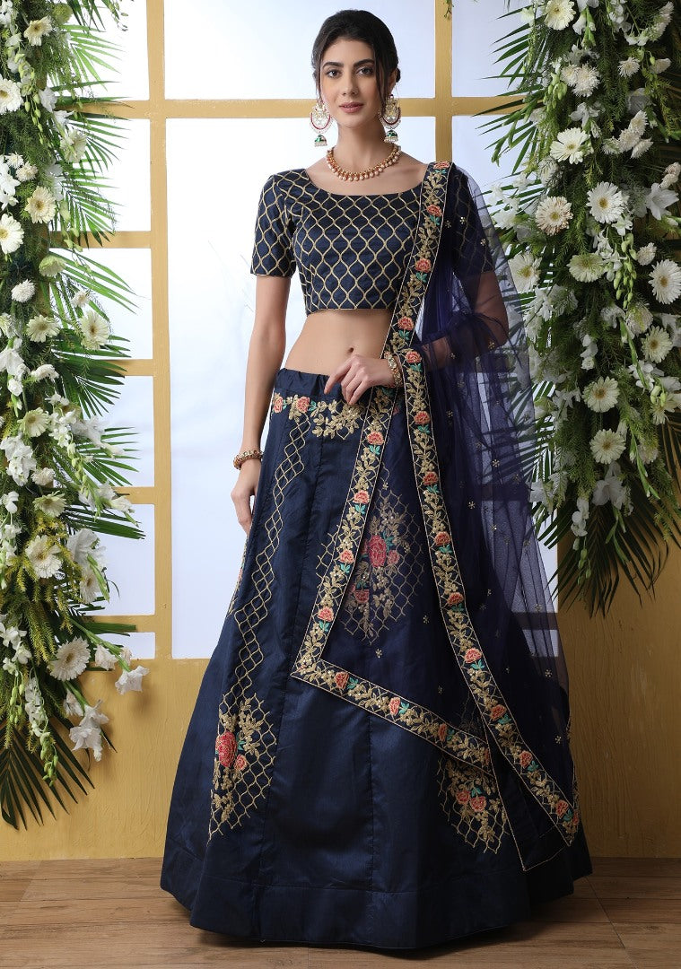 Navy blue art silk embroidery work designer lehenga choli