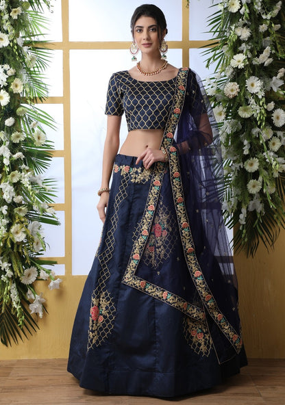 Navy blue art silk embroidery work designer lehenga choli