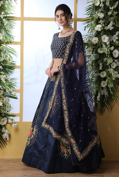 Navy blue art silk embroidery work designer lehenga choli