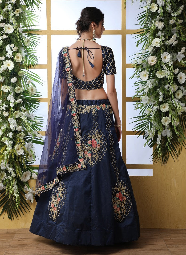 Navy blue art silk embroidery work designer lehenga choli