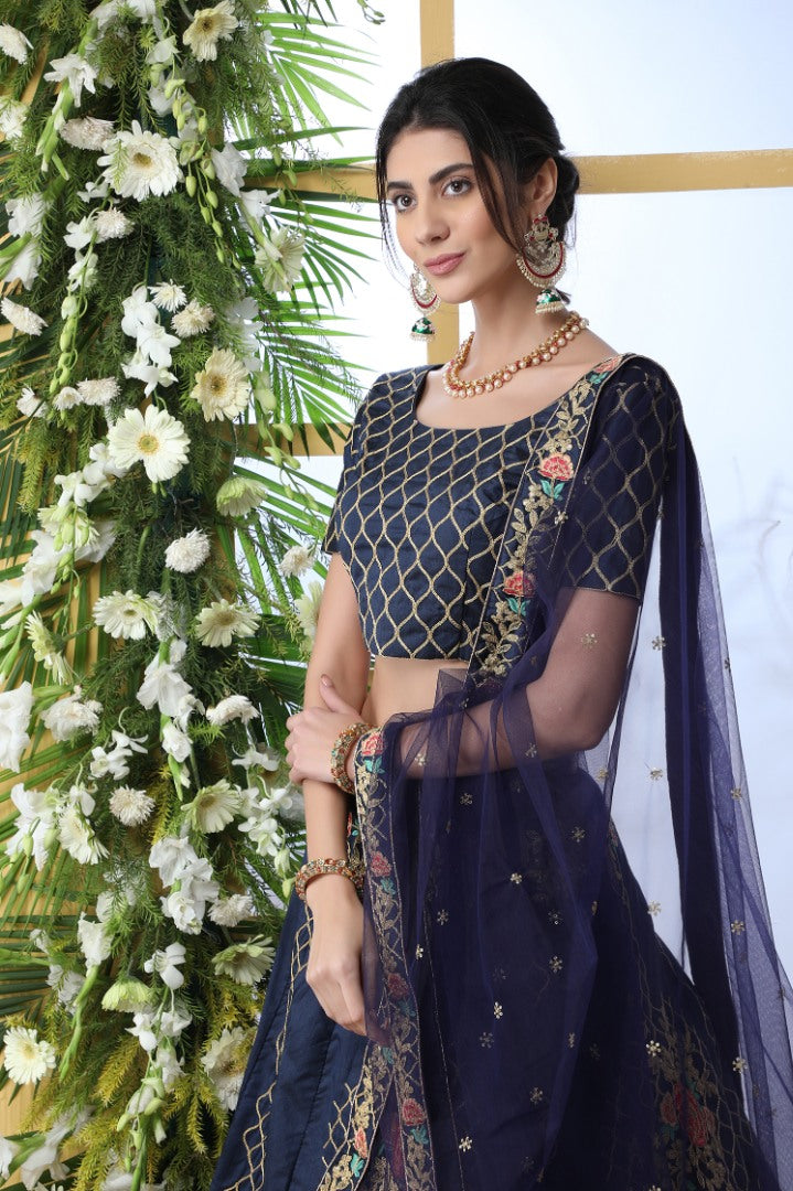 Navy blue art silk embroidery work designer lehenga choli
