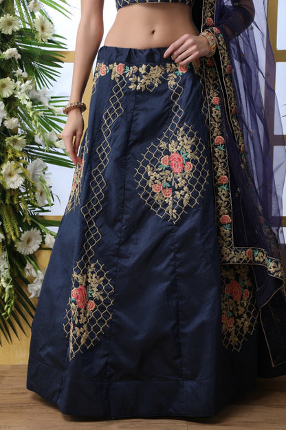 Navy blue art silk embroidery work designer lehenga choli