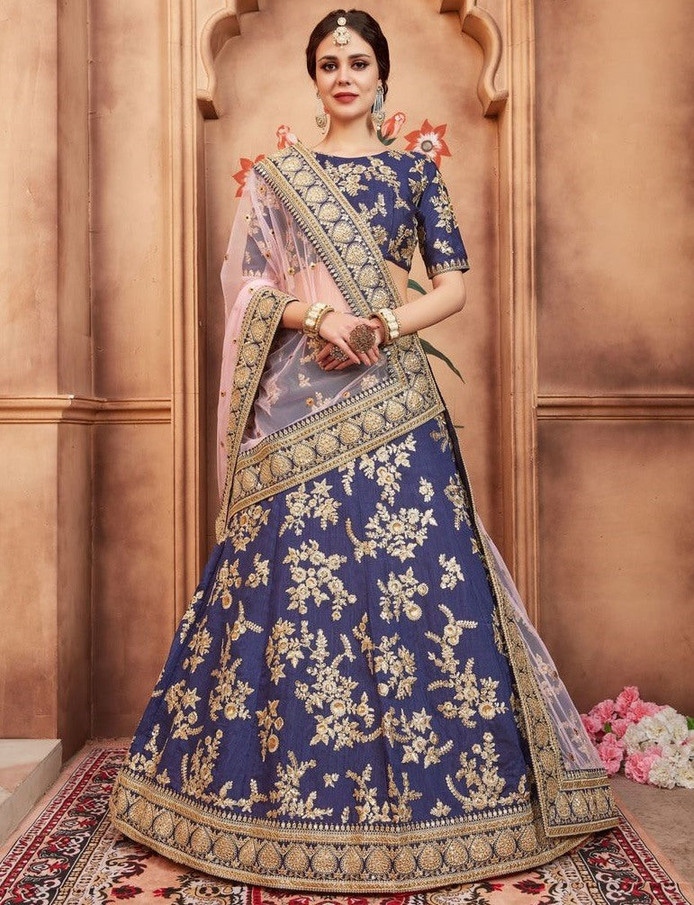 Navy blue art silk heavy embroidered bridal lehenga choli