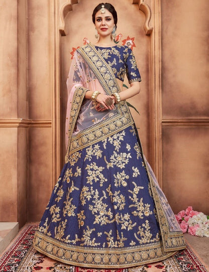 Navy blue art silk heavy embroidered bridal lehenga choli
