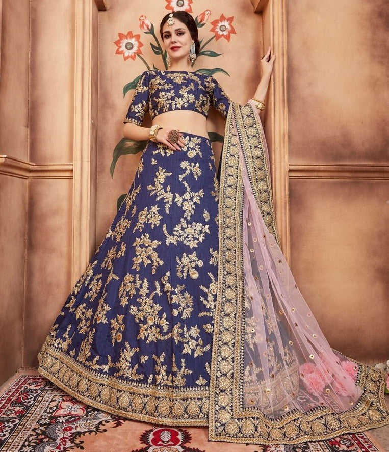 Navy blue art silk heavy embroidered bridal lehenga choli