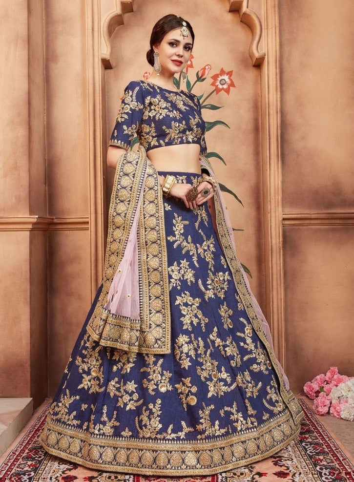 Navy blue art silk heavy embroidered bridal lehenga choli