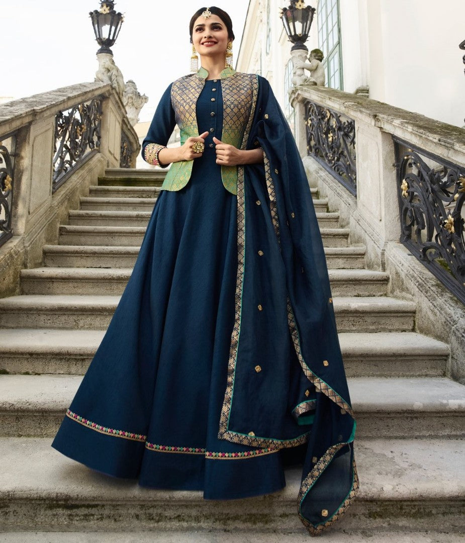 navy Blue art silk long gown with jacquard jacket