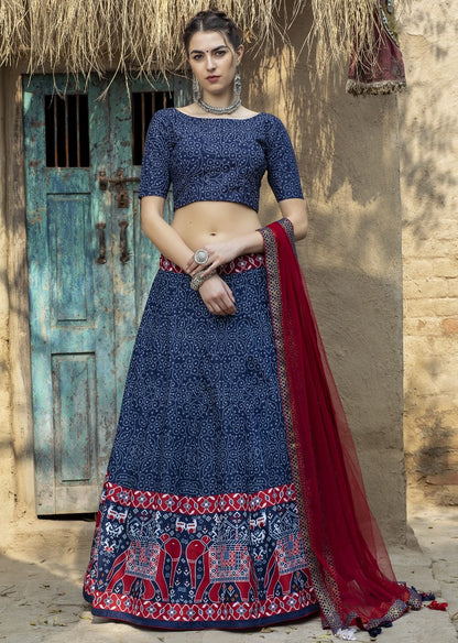 Navy blue art silk printed party wear & ceremonial lehenga choli