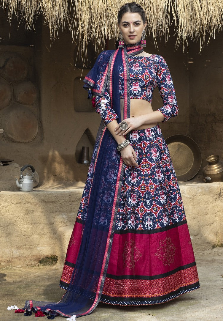 Navy blue art silk printed party wear & ceremonial lehenga choli