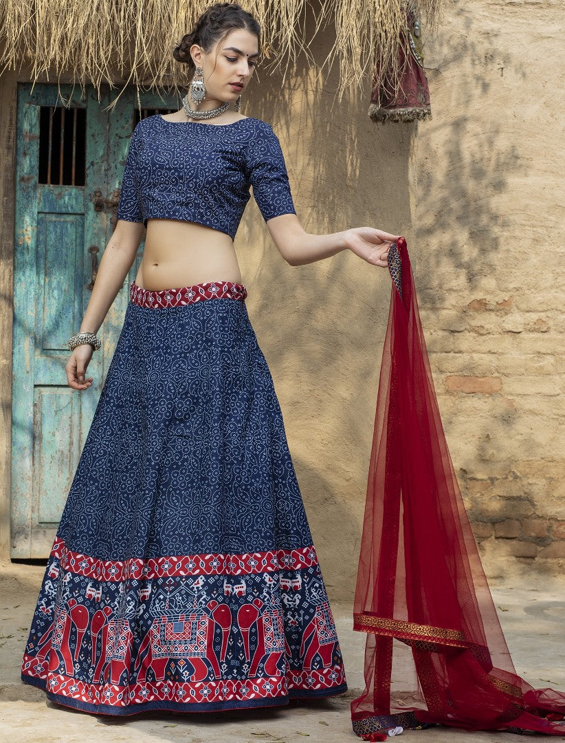 Navy blue art silk printed party wear & ceremonial lehenga choli